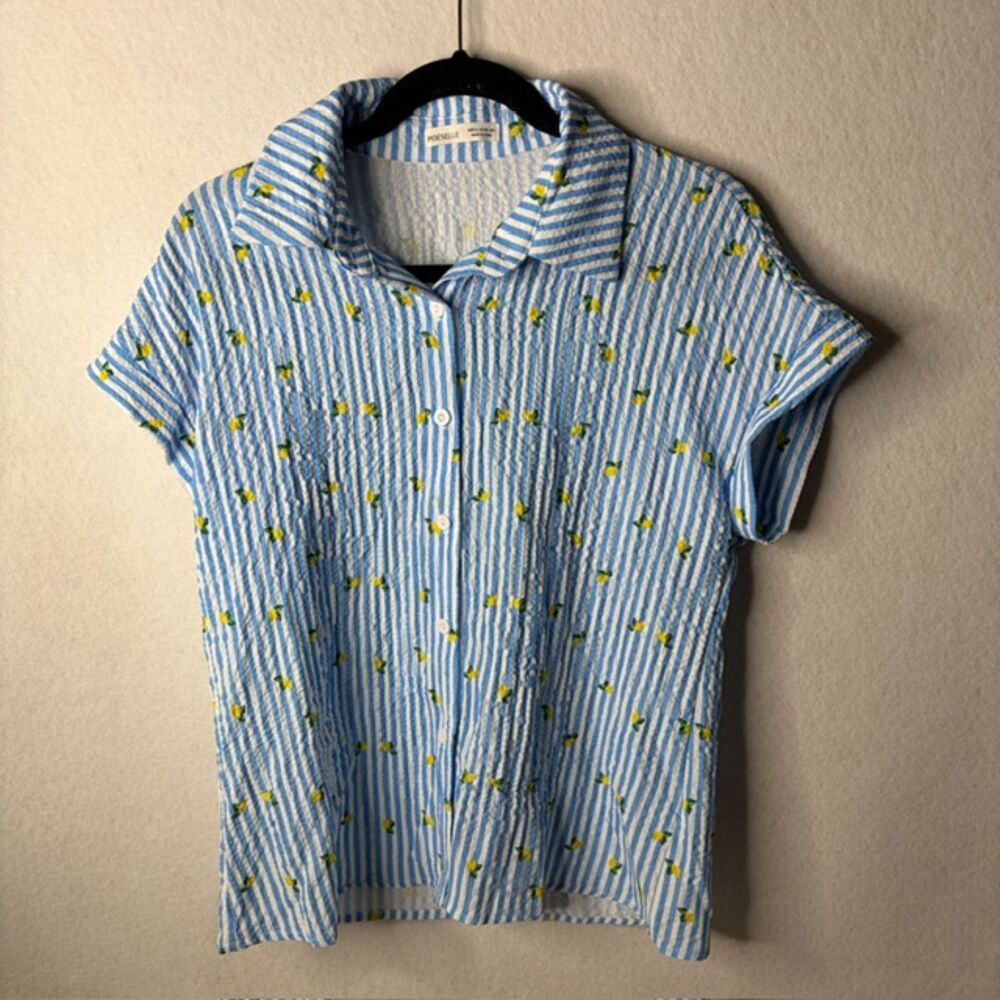 Poéselle Blue Seersucker Lemon Print Button-Up Blouse Size Small